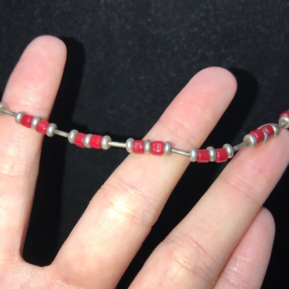 15" Shiny Orange Red and Silver Beaded Necklace - Picture 3 of 7